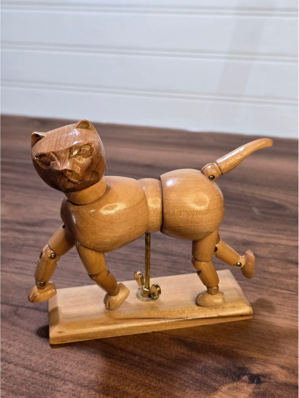 Articulated Wooden Cat Figurine on Stand
